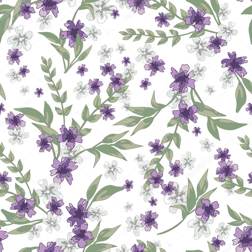 Floral Seamless Pattern Background with Purple Flowers.