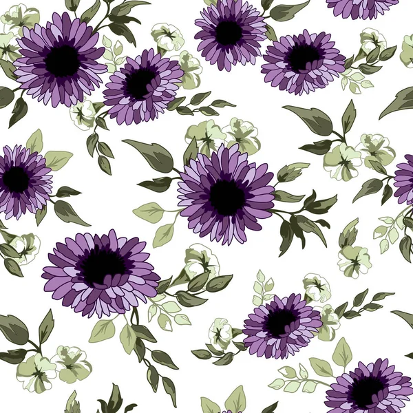 Purple Daisy Flowers Seamless Pattern Background — Stock Vector