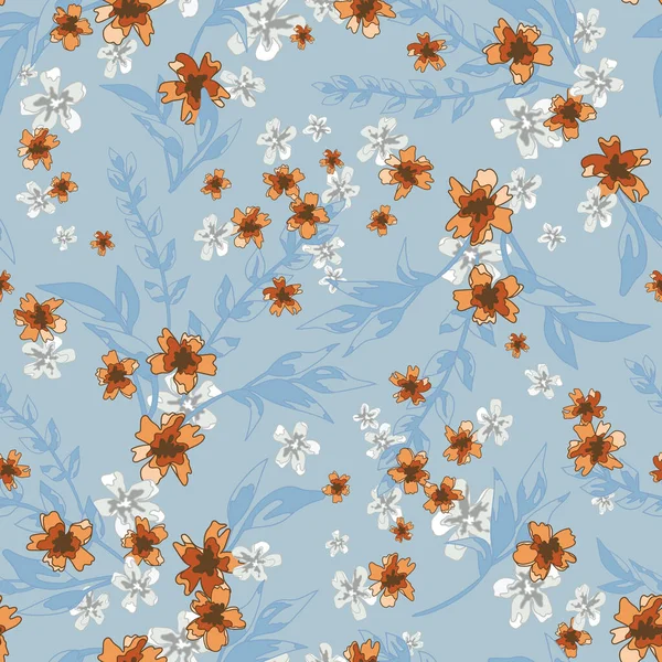 Blue Orange Floral Seamless Pattern Background — Stock Vector