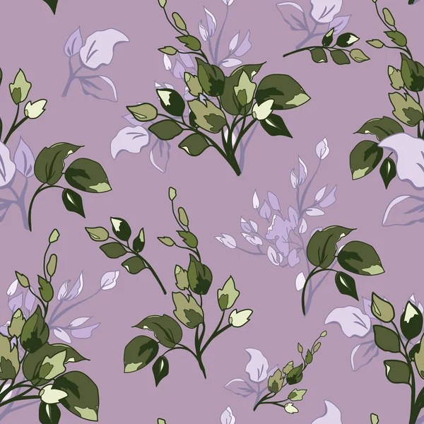 Fundo Padrão Sem Costura Roxo Floral Com Folhas Verdes — Vetor de Stock