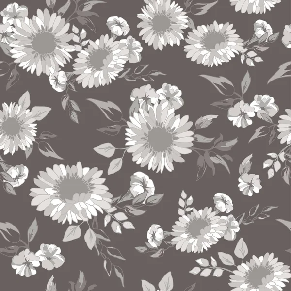 Gray Daisy Flowers Seamless Pattern Background — Stock Vector