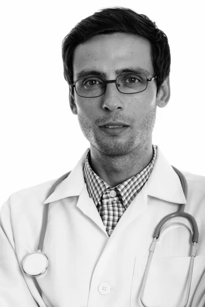 Πρόσωπο όμορφου νεαρού γιατρού με γυαλιά — Φωτογραφία Αρχείου