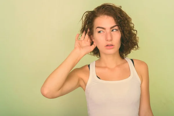 Studio Shot Young Beautiful Teenage Girl Curly Hair Green Painted — Stock Photo, Image