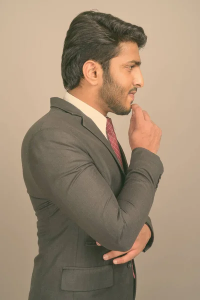 Studio Shot Young Handsome Indian Businessman Gray Background — Stock Photo, Image