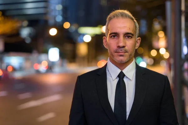 Handsome Persian Businessman Wearing Suit City Night — Stock Photo, Image
