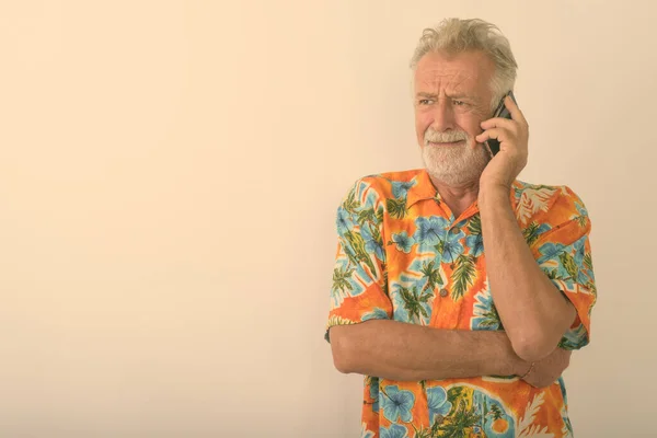 Studio Shot Senior Bearded Tourist Man Looking Stressed While Thinking — Stock Photo, Image