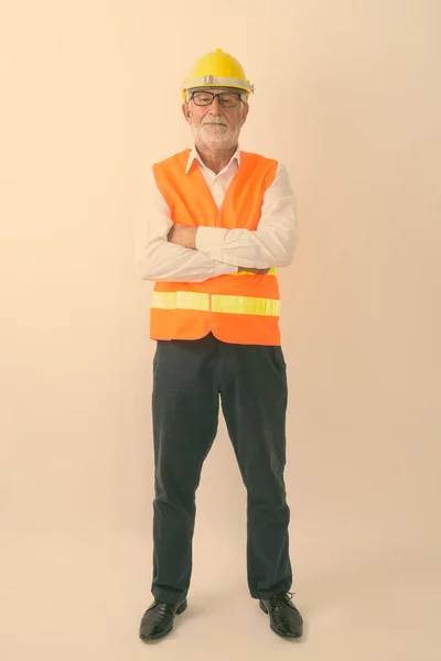Full Body Shot Handsome Senior Bearded Man Construction Worker Standing — Stock Photo, Image