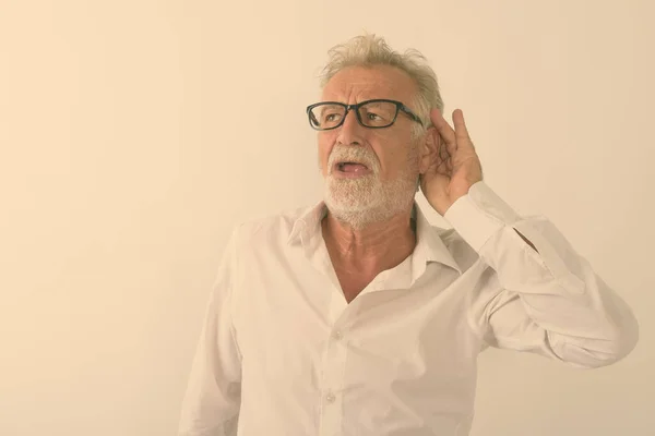 Studio Colpo Bello Anziano Barbuto Uomo Ascolto Mentre Pensa Indossa — Foto Stock