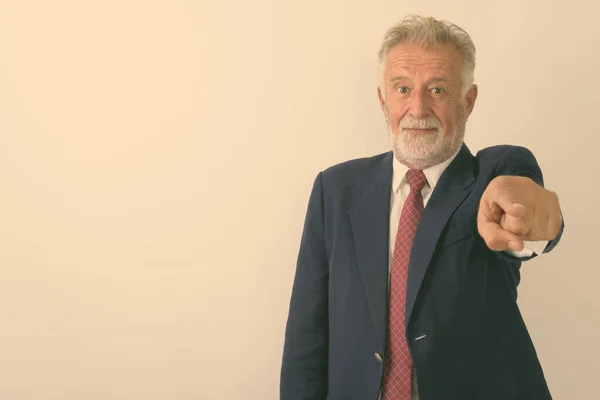 Studio Shot Handsome Senior Bearded Businessman Pointing Camera White Background — Stock Photo, Image