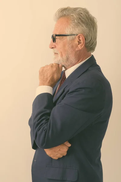 Profile View Handsome Senior Bearded Businessman Thinking While Wearing Eyeglasses — Stock Photo, Image