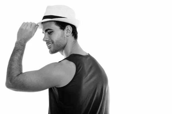 Profile View Young Happy Hispanic Man Smiling While Holding Hat — Stock Photo, Image