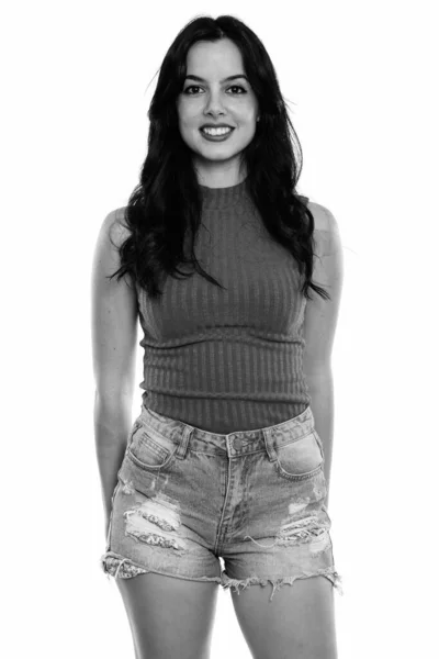 Studio Shot Young Happy Spanish Woman Smiling While Standing — Stock Photo, Image