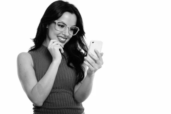 Studio Shot Young Happy Spanish Woman Smiling While Using Mobile — Stock Photo, Image