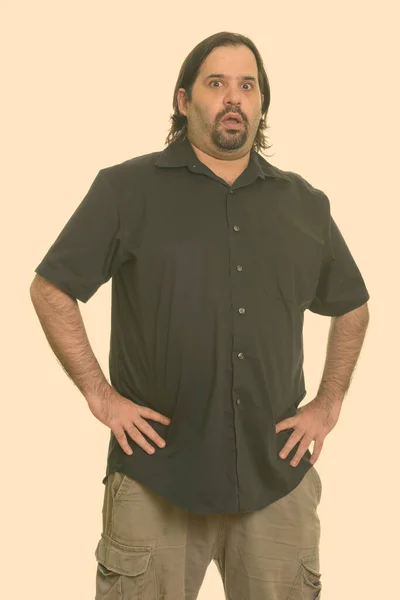 Ritratto di uomo caucasico sovrappeso barbuto sullo sfondo di studio pianura — Foto Stock