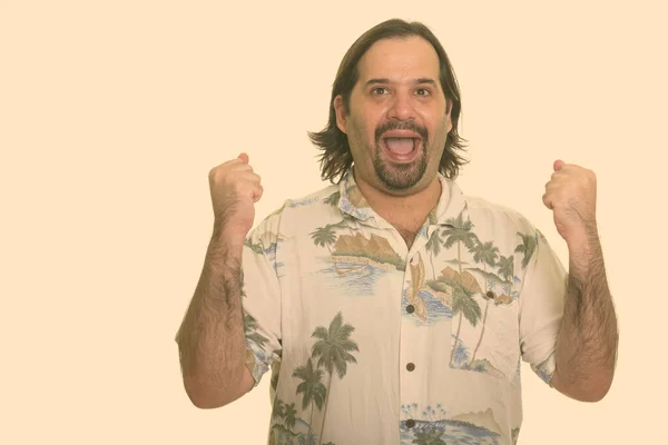 Happy fat Caucasian man smiling and looking motivated ready for vacation — Stock Photo, Image