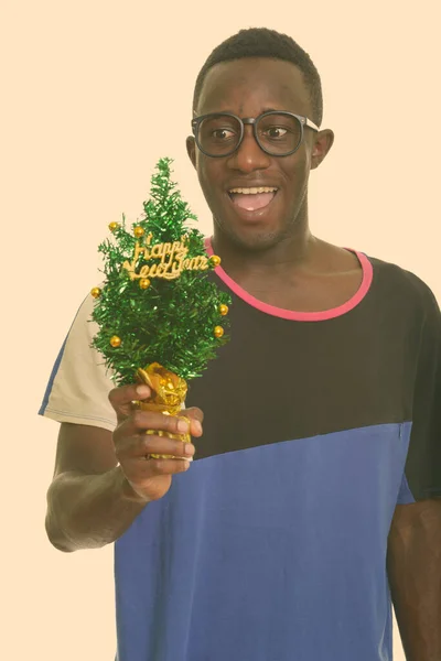 Joven hombre africano feliz sonriendo y mirando emocionado mientras sostiene el árbol de Año Nuevo feliz — Foto de Stock