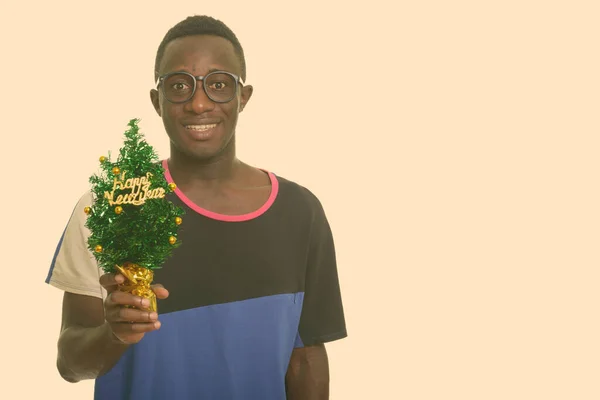 Joven hombre africano feliz sonriendo sosteniendo árbol de Año Nuevo feliz — Foto de Stock