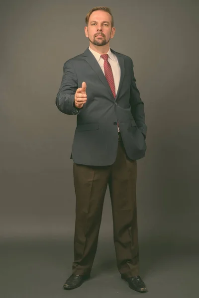Blond bebaarde zakenman met sikje tegen grijze achtergrond — Stockfoto