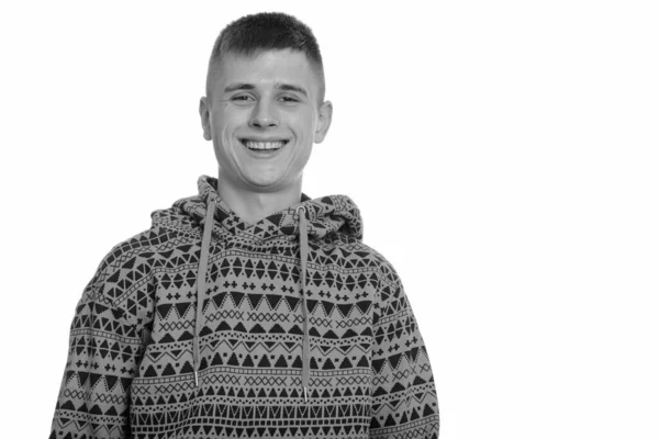 Portrait of happy young handsome man with hoodie smiling — Stock Photo, Image