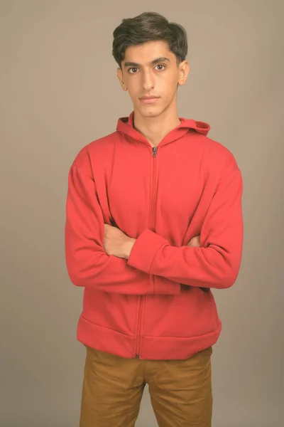 Fiatal jóképű perzsa tinédzser fiú szürke háttér — Stock Fotó