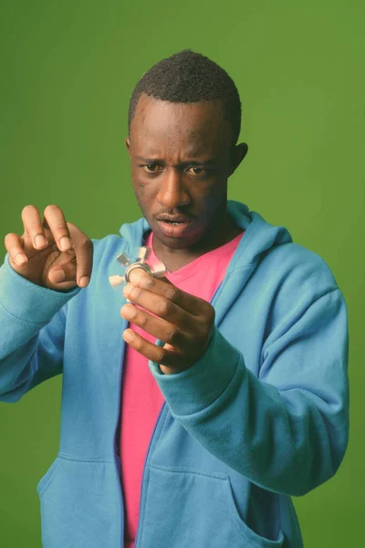 Studio Shot Young African Man Wearing Blue Jacket Pink Shirt — Stock Photo, Image