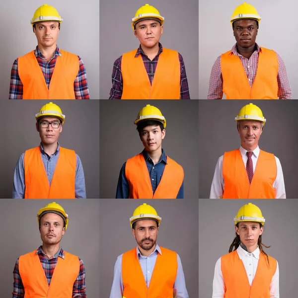 Collage de hombres multiétnicos y de edad mixta trabajadores de la construcción —  Fotos de Stock
