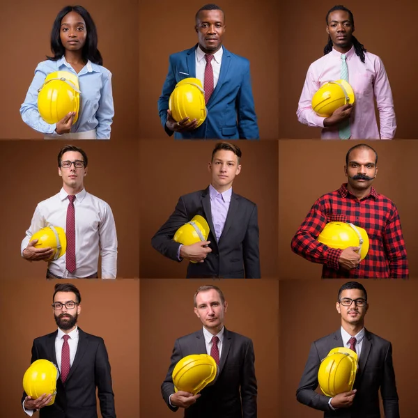 Collage de gente de negocios multiétnicos y de edades mixtas como ingenieros — Foto de Stock
