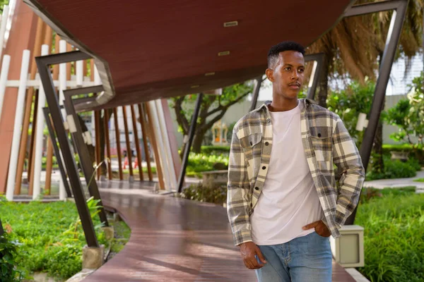 Portrait African Black Man Outdoors City Summer Horizontal Shot —  Fotos de Stock