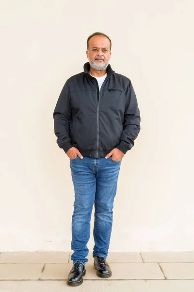 Porträt Eines Gutaussehenden Indischen Mannes Mit Grauem Bart Gegen Eine — Stockfoto