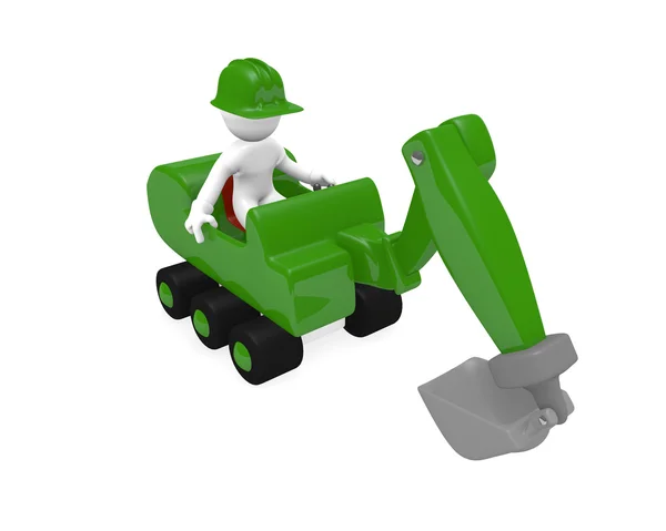 Escavadora verde com trabalhador da construção — Fotografia de Stock