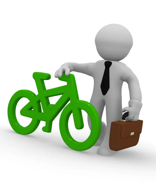 緑の自転車のアイコン、3 d レンダリングを持ったビジネスマン — ストック写真