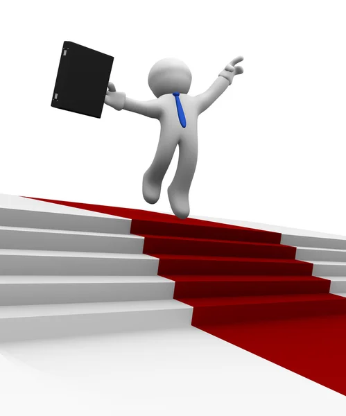 Geschäftsmann springt hoch auf rotem Teppich, 3D-Darstellung — Stockfoto