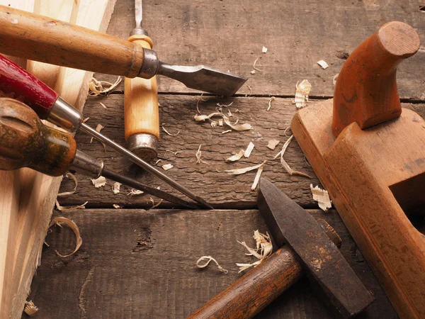 Carpenter tools on a workbench — Stock Photo, Image