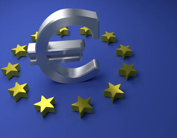 Signo de euro sobre fondo azul, representación 3d — Foto de Stock
