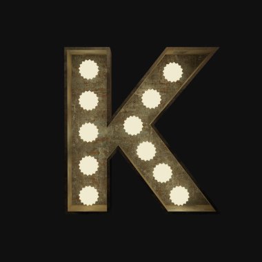 Koyu arkaplanlı küçük lambalı metal harf K, 3D görüntüleme
