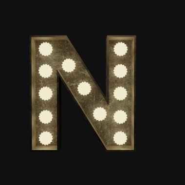 Koyu arkaplanlı küçük lambalı metal harf N, 3D görüntüleme