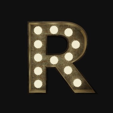 Koyu arkaplan üzerinde küçük lambaları olan metal harf R, 3D görüntüleme