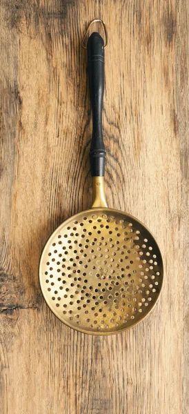 Skimmer Usado Viejo Tablón Madera Rústico Herramientas Cocina Vintage — Foto de Stock