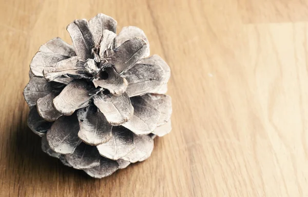 Single Pine Cone Rustic Wooden Table Space Text Simple Puristic — Stock Photo, Image