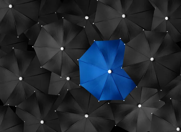 Imagen Conceptual Con Montón Sombrillas Negras Paraguas Azul Que Destaca —  Fotos de Stock