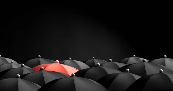 Concept Image Lots Black Umbrellas Red Umbrella Stands Out Unique — Stock Photo, Image