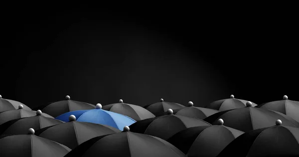 Koncept Obrázek Spoustou Černých Deštníků Modrý Deštník Který Vyčnívá Být — Stock fotografie
