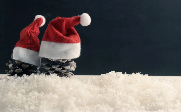 Två Kottar Med Hatt Santa Snö Tavlan Bakgrund Med Utrymme — Stockfoto