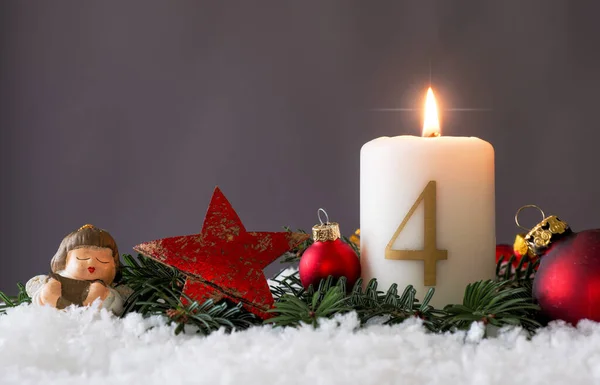 Ljus Den Fjärde Advent Brännskador Gran Grenar Och Julgran Bollar — Stockfoto