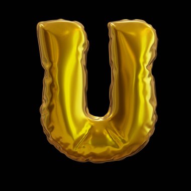 Altın Balon Harfi U, siyah arkaplan üzerine gerçekçi 3D çizim