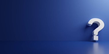 Mavi arkaplanda beyaz soru işareti yansıması, 3d görüntüleme