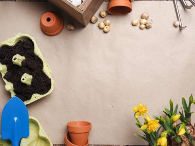 Bahçe aletleri ahşap bir masa üzerinde, bahar zamanı veya bahçe konsepti