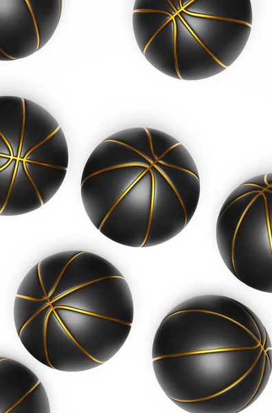 Muchos Baloncesto Negro Con Oro Sobre Fondo Brillante Renderizado —  Fotos de Stock