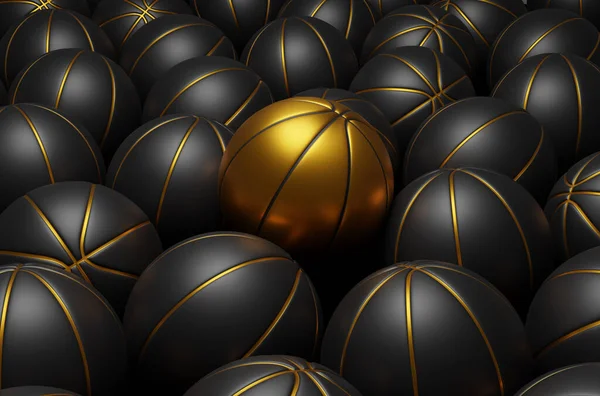 Многие Черные Баскетбольные Мячи Одним Золотым Баскетболом Выделяются Уникальным Нелепость — стоковое фото