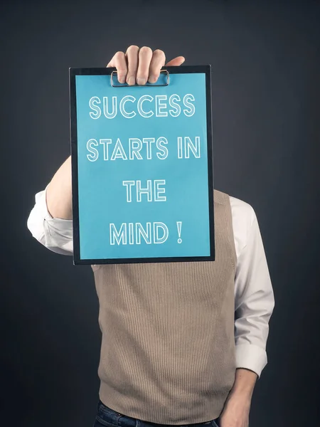 Businessman Holding Clipboard Which Written Success Starts Mind — Stock Photo, Image